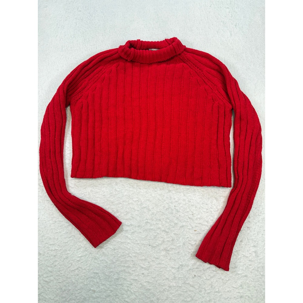 American Eagle Red Chenille Cropped Turtleneck Ribbed Sweater Womens Medium